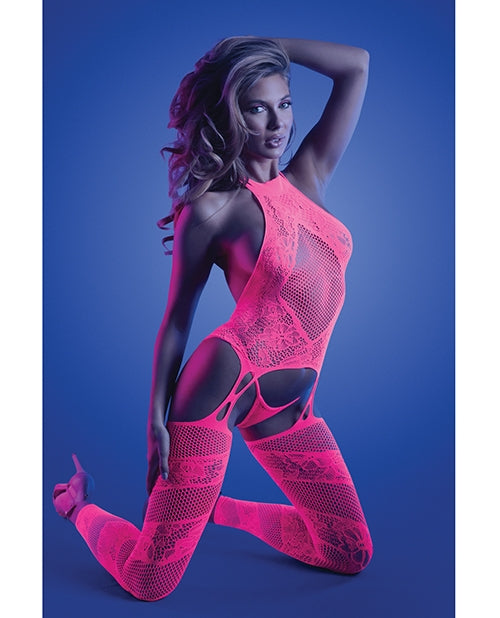 Glow Captivating Halter Bodystocking & G-String Neon Pink O/S