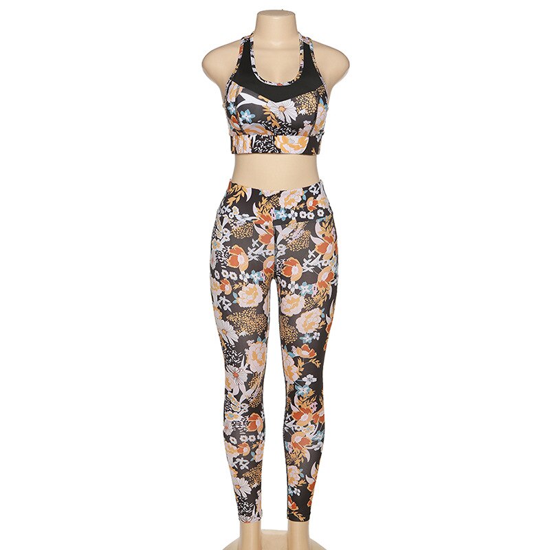 Flower Print Yoga Fitness Clothing For Women Vest Crop Top Leggings Sports Pants Suit Gym Fitness Jogging Slim Tracksuit Outfits-4